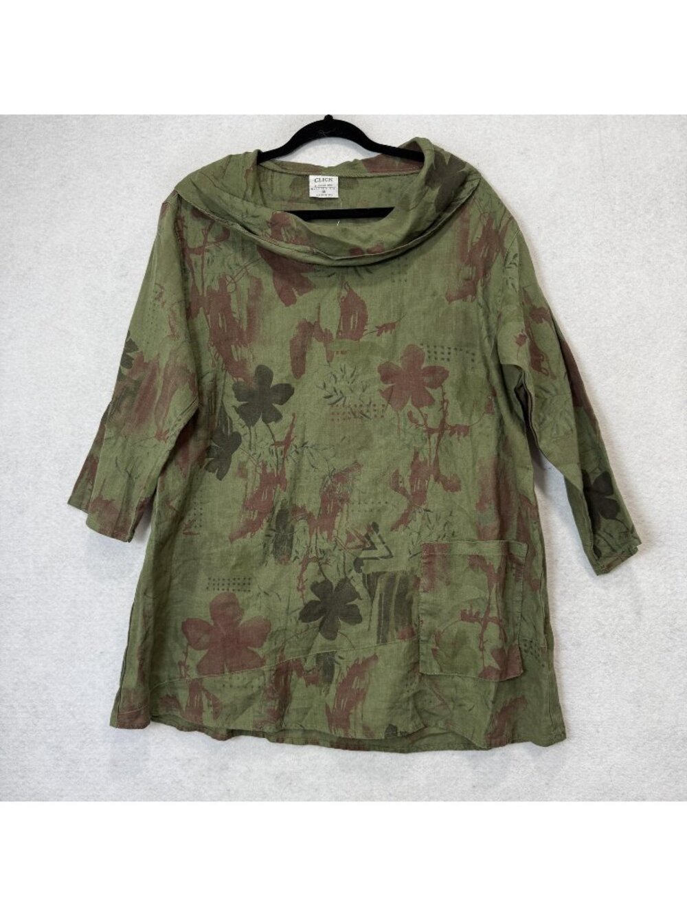 Color Me Cotton Blouse Womens XL Green Linen Cowl Neck Tunic Top Floral Pockets